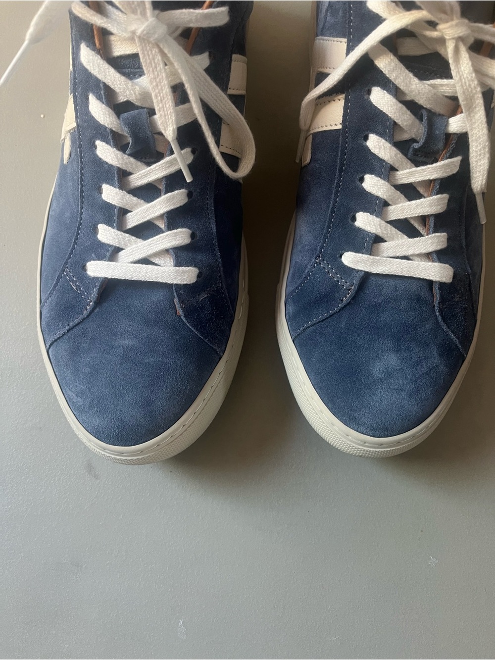 Allen Edmonds Navy Suede Sneakers with White Accents and Tan Lining - Picture 2 of 12
